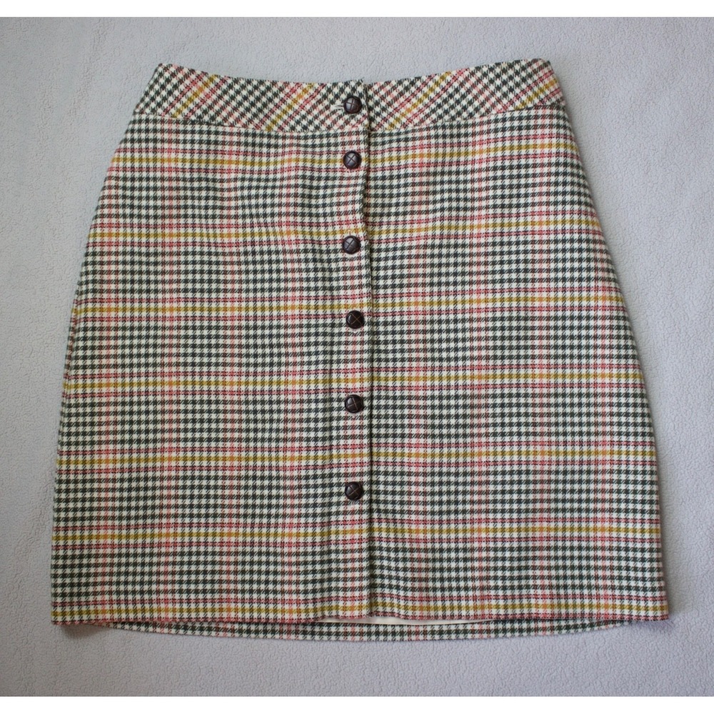Talbots Houndstooth Plaid Skirt Wool Blend Button Light Academia Size 14W